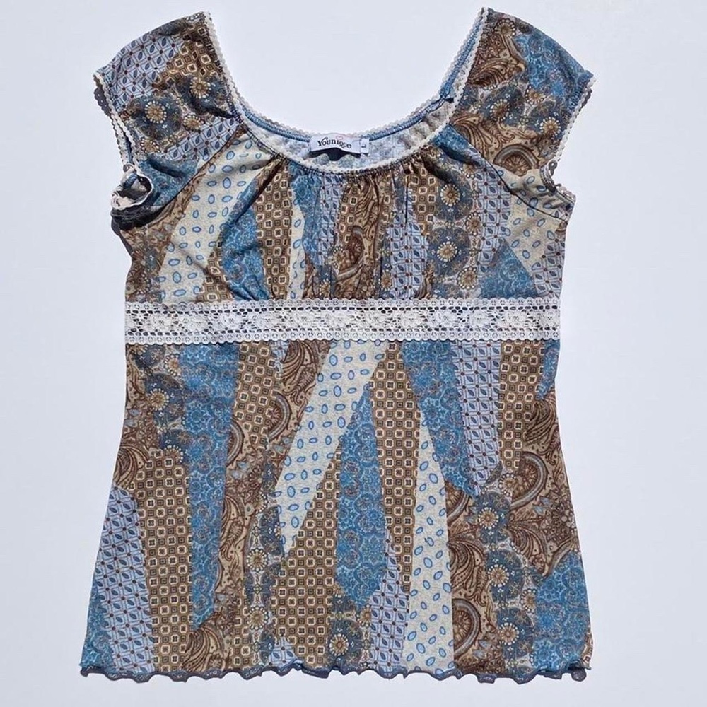 Y2K Younique Patchwork with lace detail top Summer Bohemian Womens Large Cottage